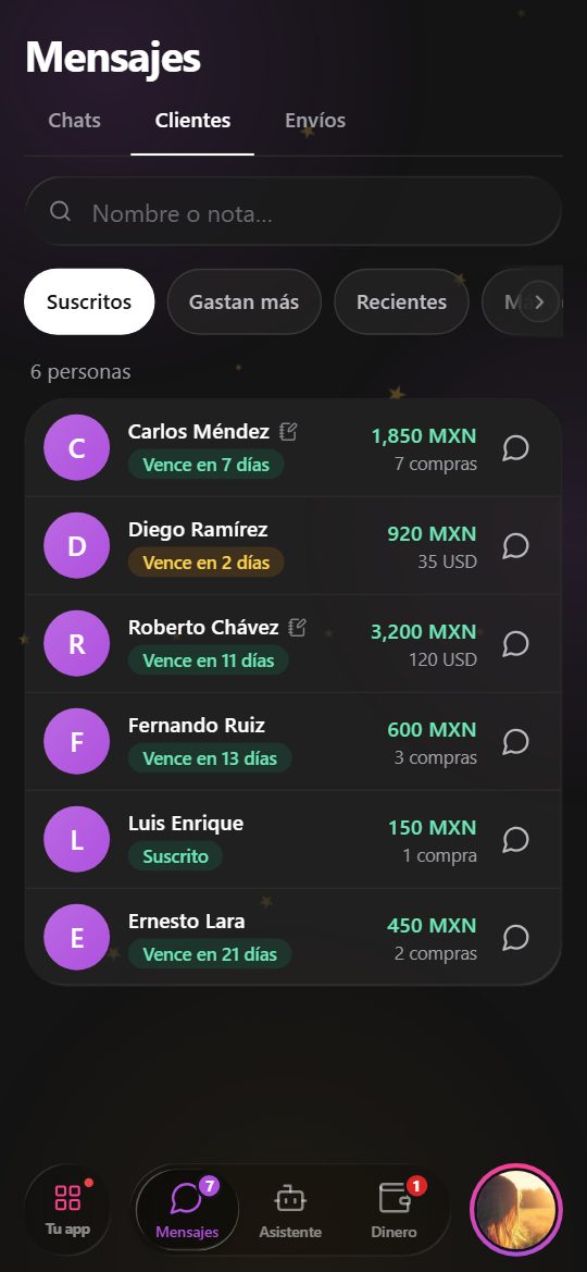 Tu panel, dentro de Telegram: Clientes