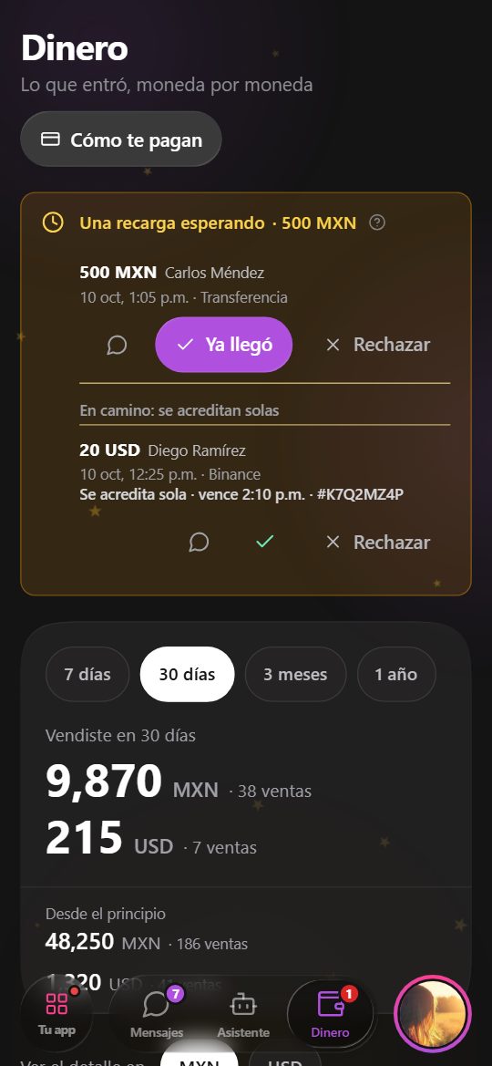 Tu panel, dentro de Telegram: Dinero
