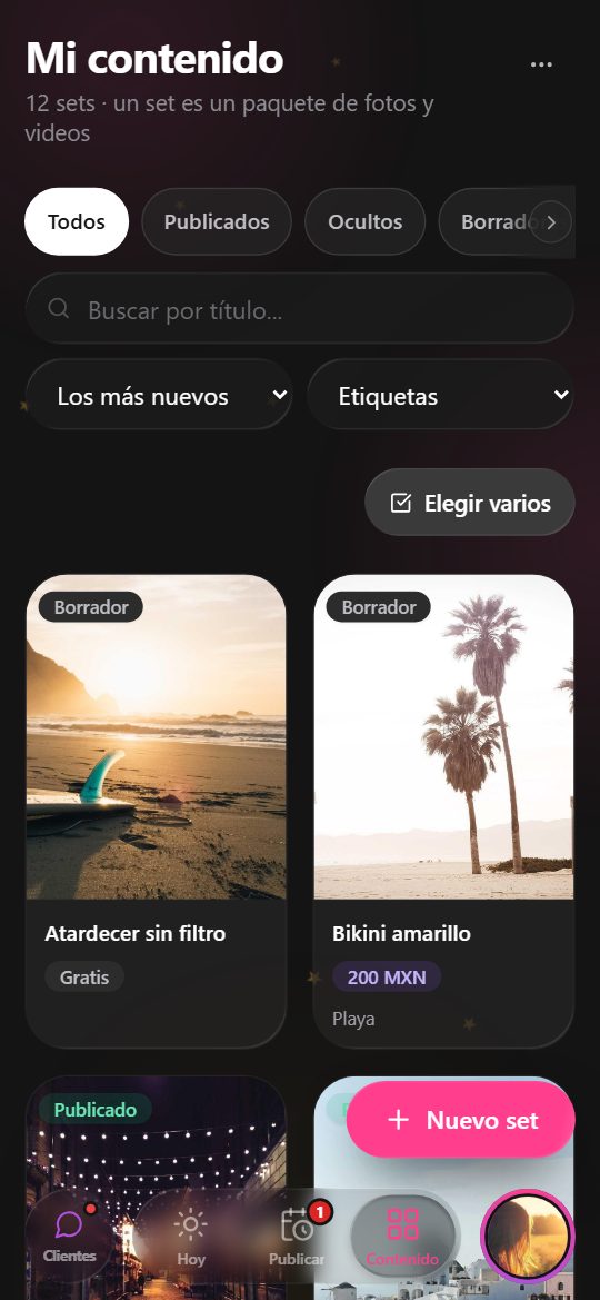 Tu panel, dentro de Telegram: Tu contenido